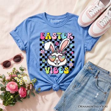 Kids Retro Easter Bunny Sunglasses T-Shirt, Groovy Youth Checkered Tee Kid's T-Shirts OrnamentallyYou Carolina Blue XS 