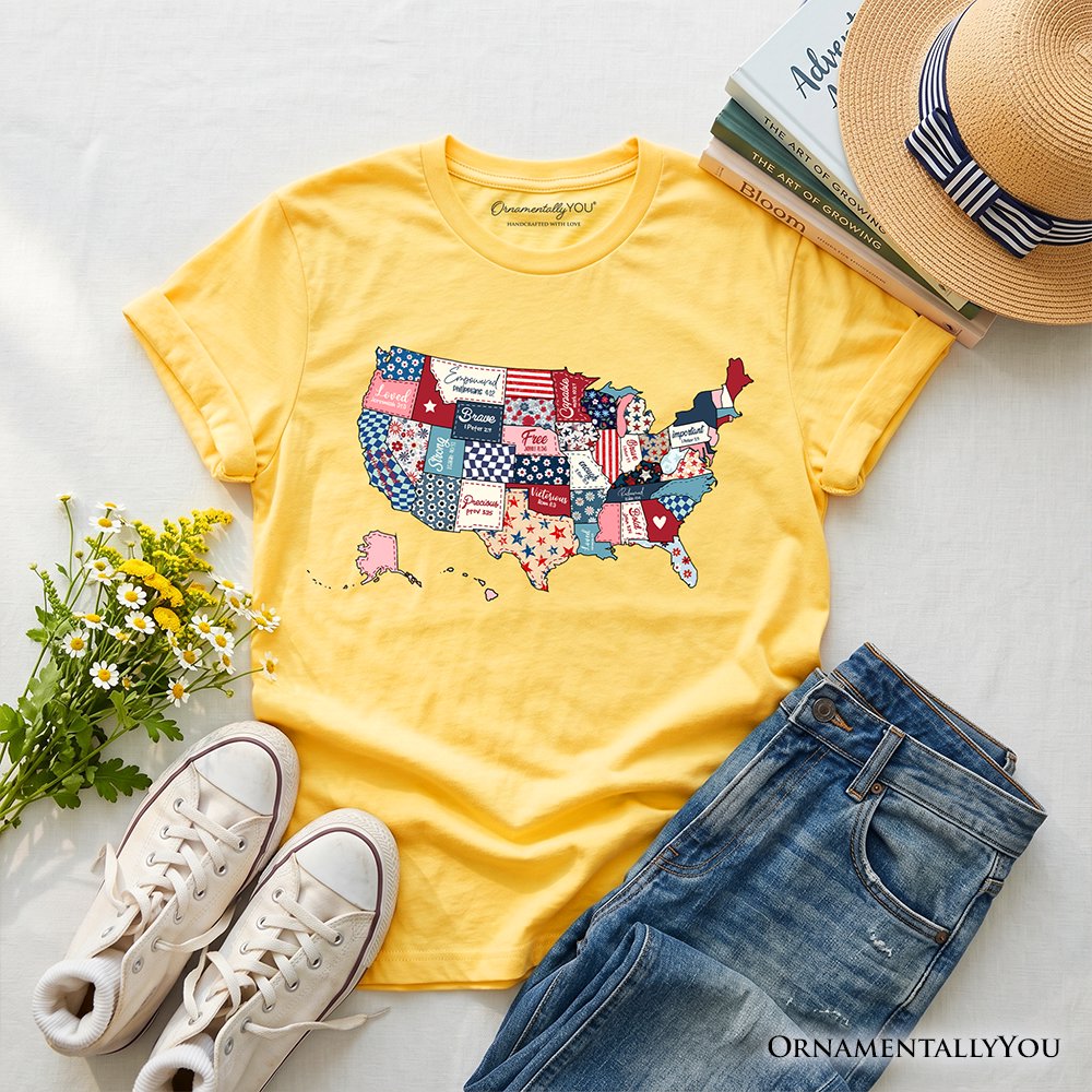 Kids Patriotic Patchwork USA T-Shirt, Quilted Map Youth Tee for American Fans Kid's T-Shirts OrnamentallyYou Daisy XS 