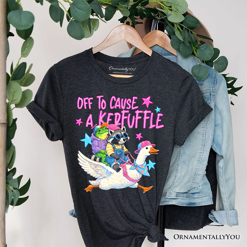 Off To Cause A Kerfuffle T-Shirt, Frog Raccoon Goose Funny Animal Tee