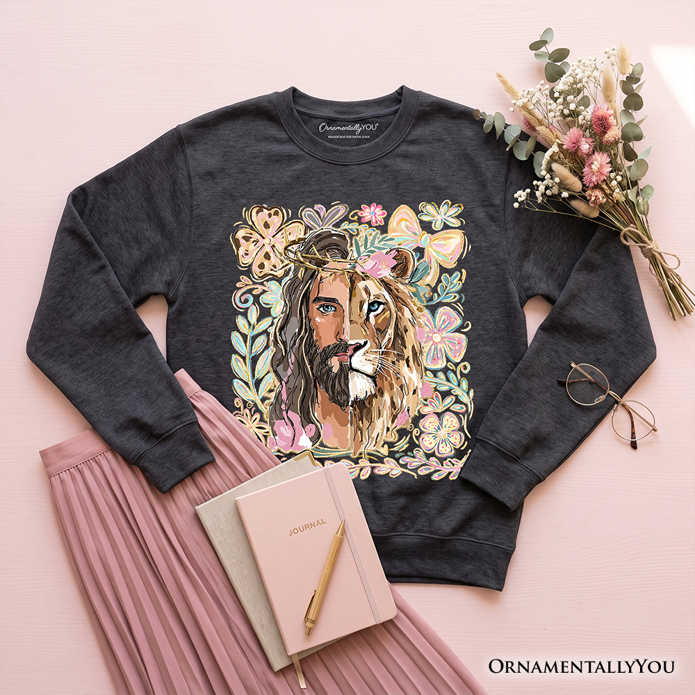 Lion of Judah Christian Sweatshirt, Floral Jesus Religious Faith Sweater