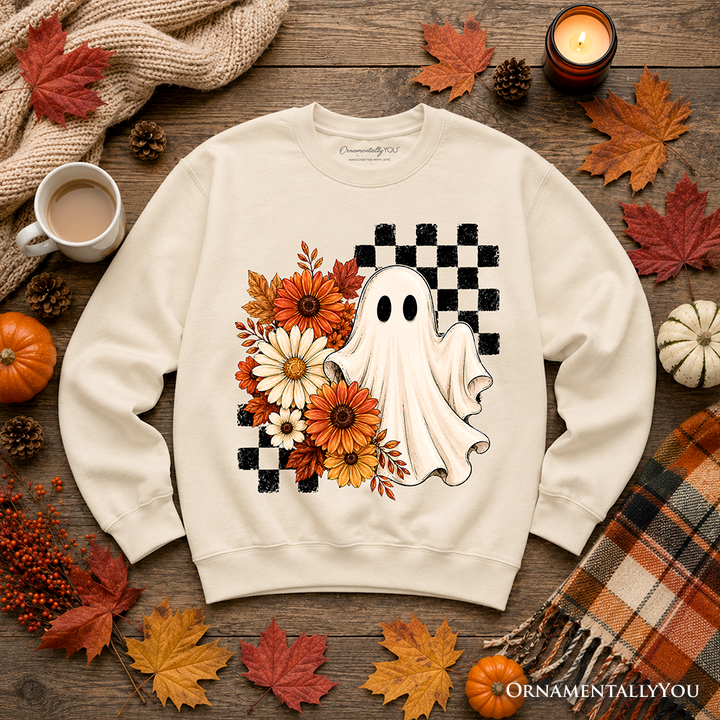 Checkered Floral Ghost Sweatshirt, Vintage Fall Halloween Daisy Sweater