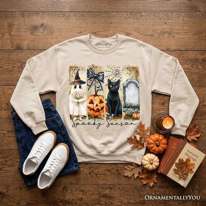 Fall Spooky Season Brushstroke Sweatshirt, Coquette Vintage Ghost, Cat and Pumpkin Sweater