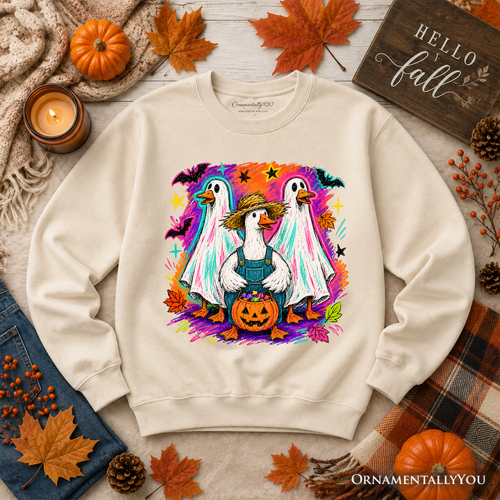 Trick or Treat Geese Sweatshirt, Colorful Halloween Ghost Costume Sweater