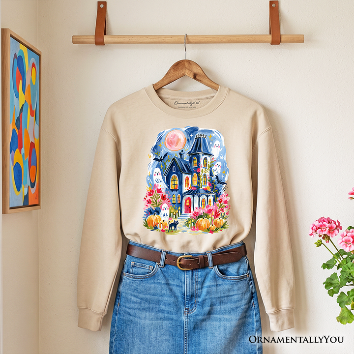 Watercolor Haunted House Sweatshirt, Colorful Ghost Pumpkin Halloween Sweater