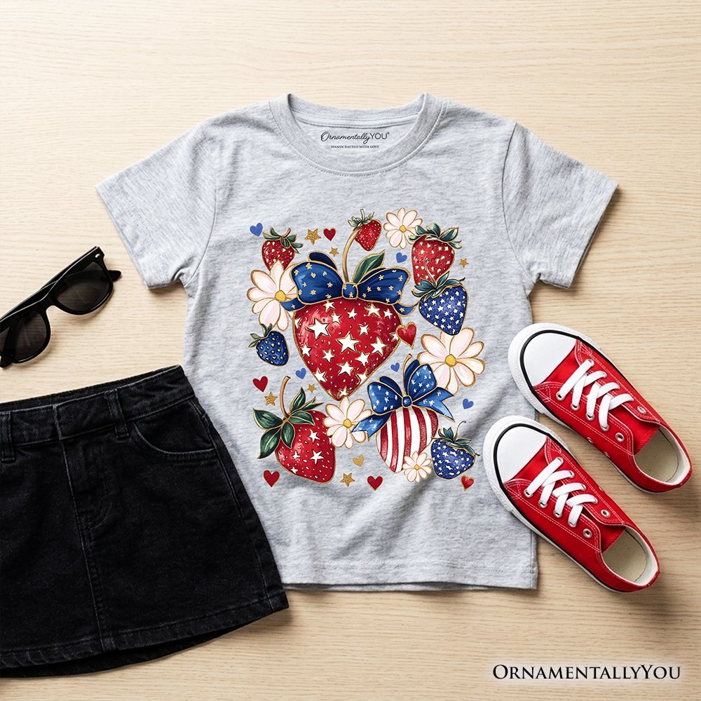 Kids Patriotic Boho Strawberries Bouquet T-Shirt, Youth 4th of July Festive Patch Tee Kid's T-Shirts OrnamentallyYou Sport Gray XS 