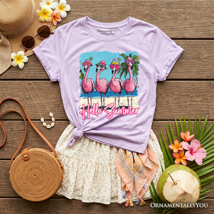 Kids Flamingo Hello Summer T-Shirt, Tropical Beach Vacation Youth Tee