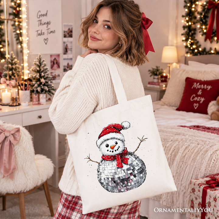 Disco Snowman Christmas Tote Bag, Retro Holiday Gift Shopper for Dancers
