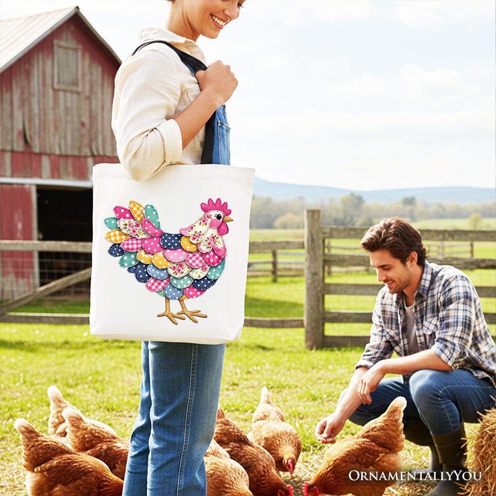 Floral Chicken Printed Faux Patchwork Tote Bag, Coquette Hen Farmhouse Gift Shopper Tote Bag OrnamentallyYou 