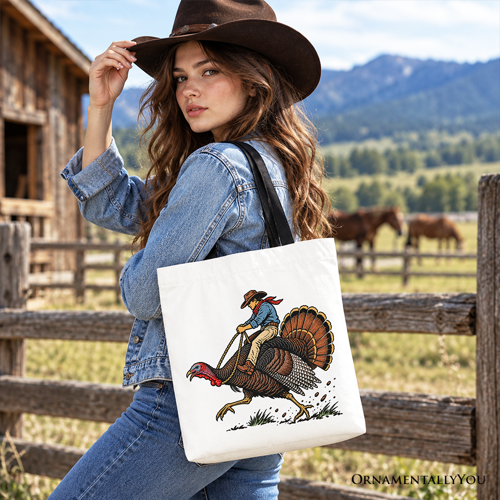 Turkey Rodeo Cowboy Thanksgiving Tote Bag, Funny Western Fall Gift Shopper