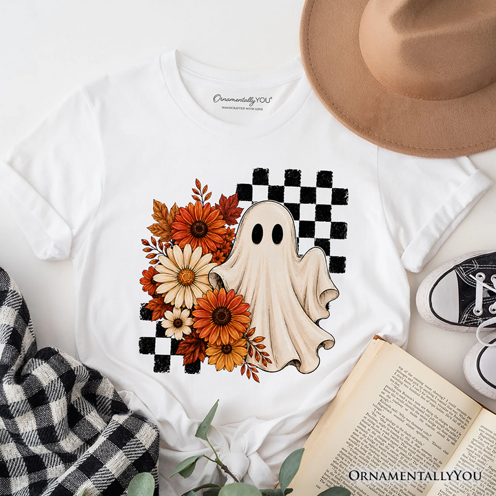 Checkered Floral Ghost T-Shirt, Vintage Fall Halloween Daisy Tee