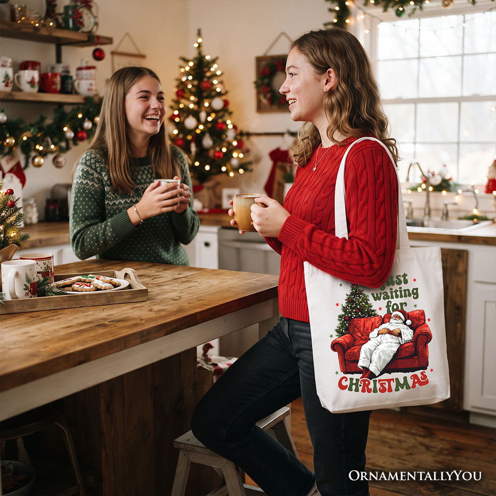 Funny Fat Santa Couch Tote Bag, Just Waiting for Christmas Gift Shopper for Lazy Holiday Season
