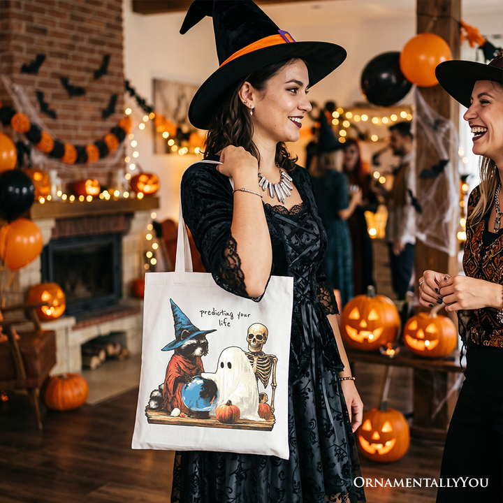Predicting Your Life Witch Racoon Tote Bag, Vintage Halloween Ghost Skeleton Fortune Teller Gift Shopper