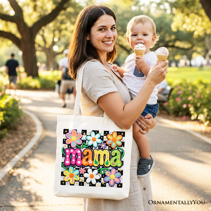 Retro Floral Mama Printed Faux Yarn Tote Bag, Colorful Mother's Day Gift Shopper