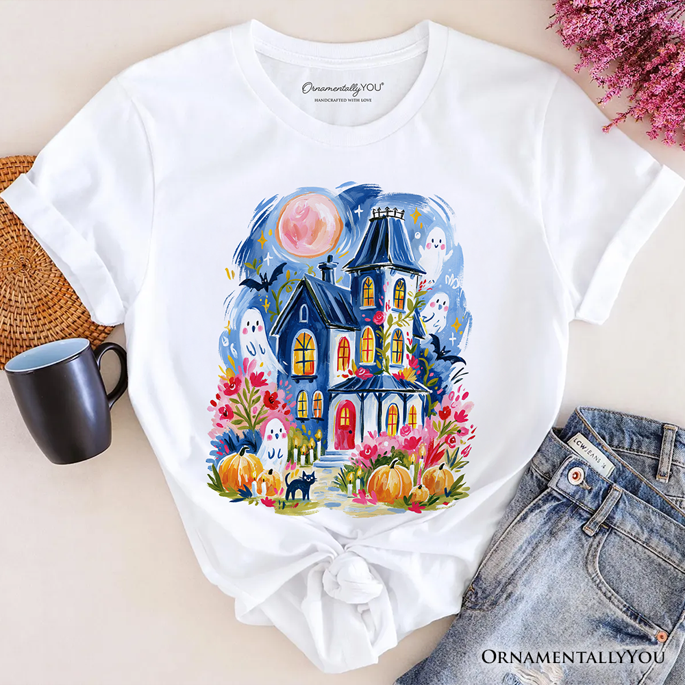 Watercolor Haunted House T-Shirt, Colorful Ghost Pumpkin Halloween Tee