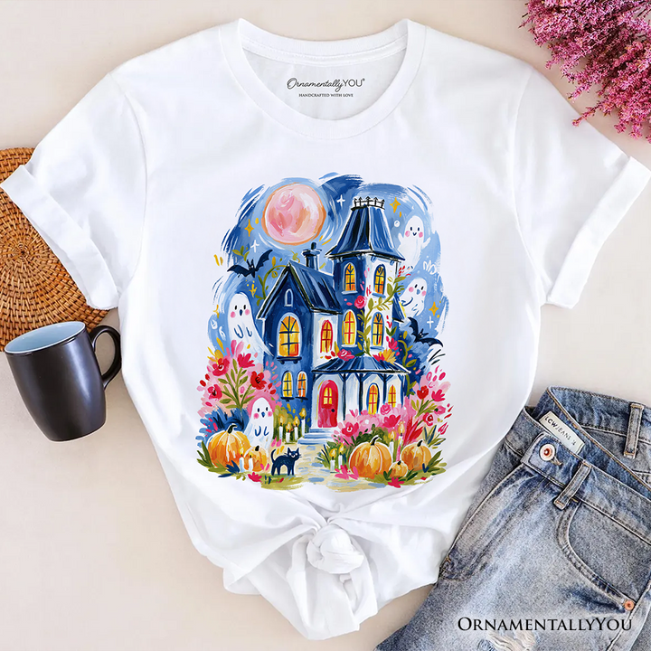Watercolor Haunted House T-Shirt, Colorful Ghost Pumpkin Halloween Tee