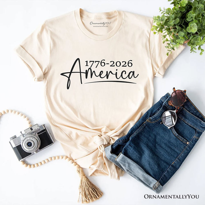 250 Years American Anniversary T-Shirt, 4th of July Minimalistic Patriotic 1776–2026 Tee T-Shirts OrnamentallyYou Natural XS 