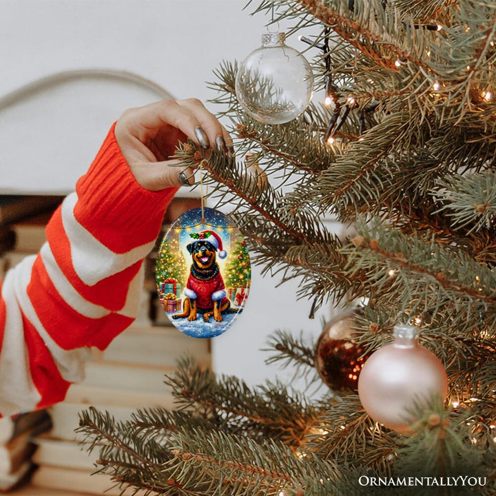 Charming Rottweiler in Festive Attire Ornament, Heartwarming Dog-Themed Christmas Gift Decor Ceramic Ornament OrnamentallyYou 