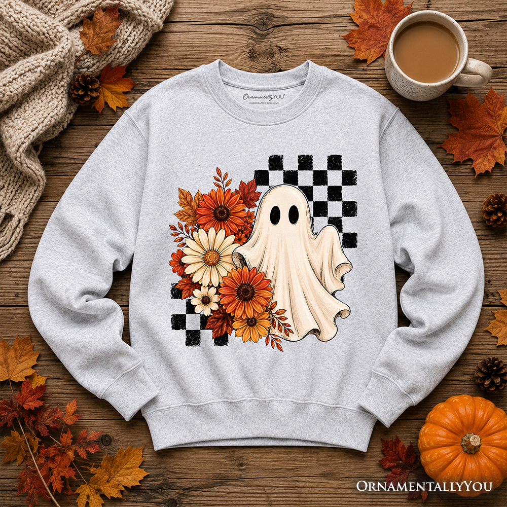 Checkered Floral Ghost Sweatshirt, Vintage Fall Halloween Daisy Sweater
