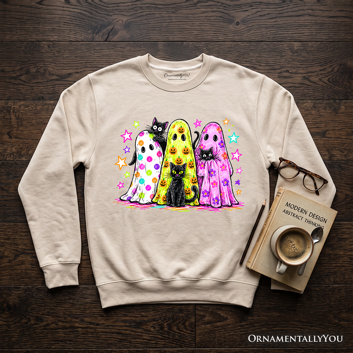 Colorful Ghosts and Black Cats Sweatshirt, Neon Halloween Spooky Season Sweater