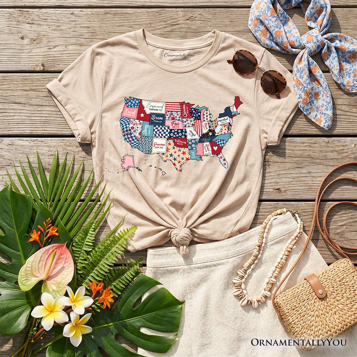 Kids Patriotic Patchwork USA T-Shirt, Quilted Map Youth Tee for American Fans Kid's T-Shirts OrnamentallyYou Sand XS 