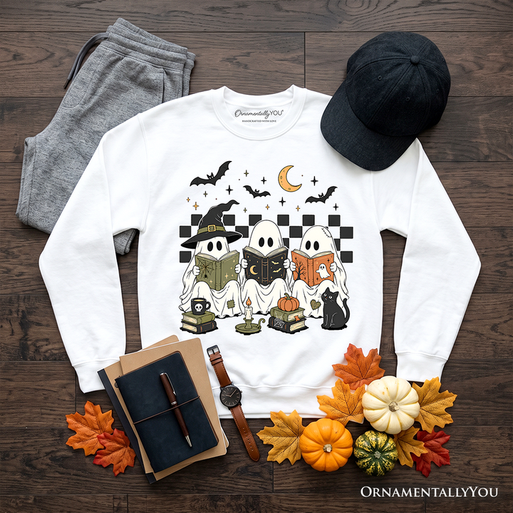 Bookish Ghosts Reading Sweatshirt, Checkered Halloween Witch Cat Sweater