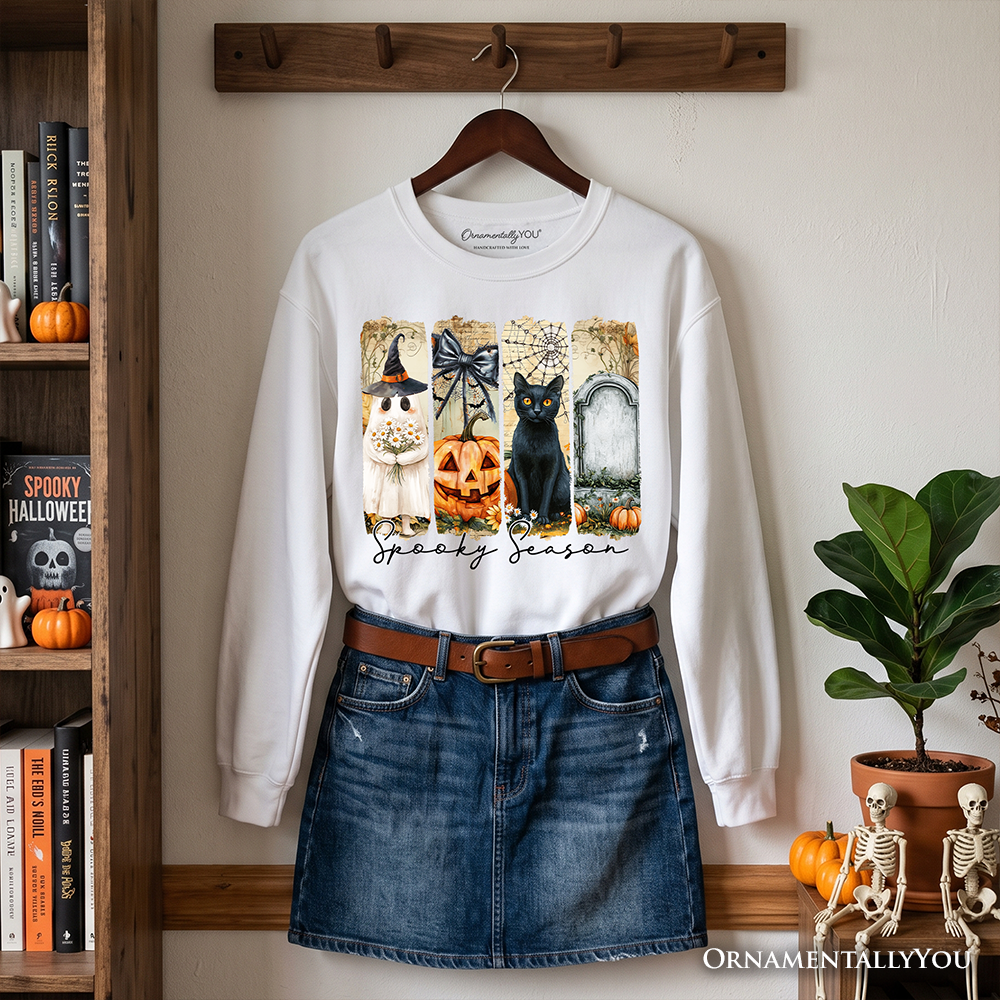 Fall Spooky Season Brushstroke Sweatshirt, Coquette Vintage Ghost, Cat and Pumpkin Sweater