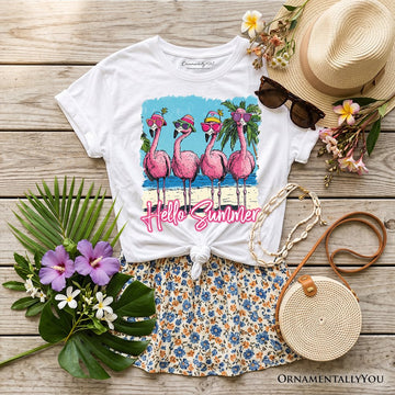 Kids Flamingo Hello Summer T-Shirt, Tropical Beach Vacation Youth Tee Kid's T-Shirts OrnamentallyYou White XS 