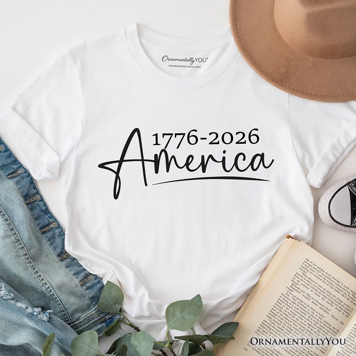 250 Years American Anniversary T-Shirt, 4th of July Minimalistic Patriotic 1776–2026 Tee T-Shirts OrnamentallyYou White XS 