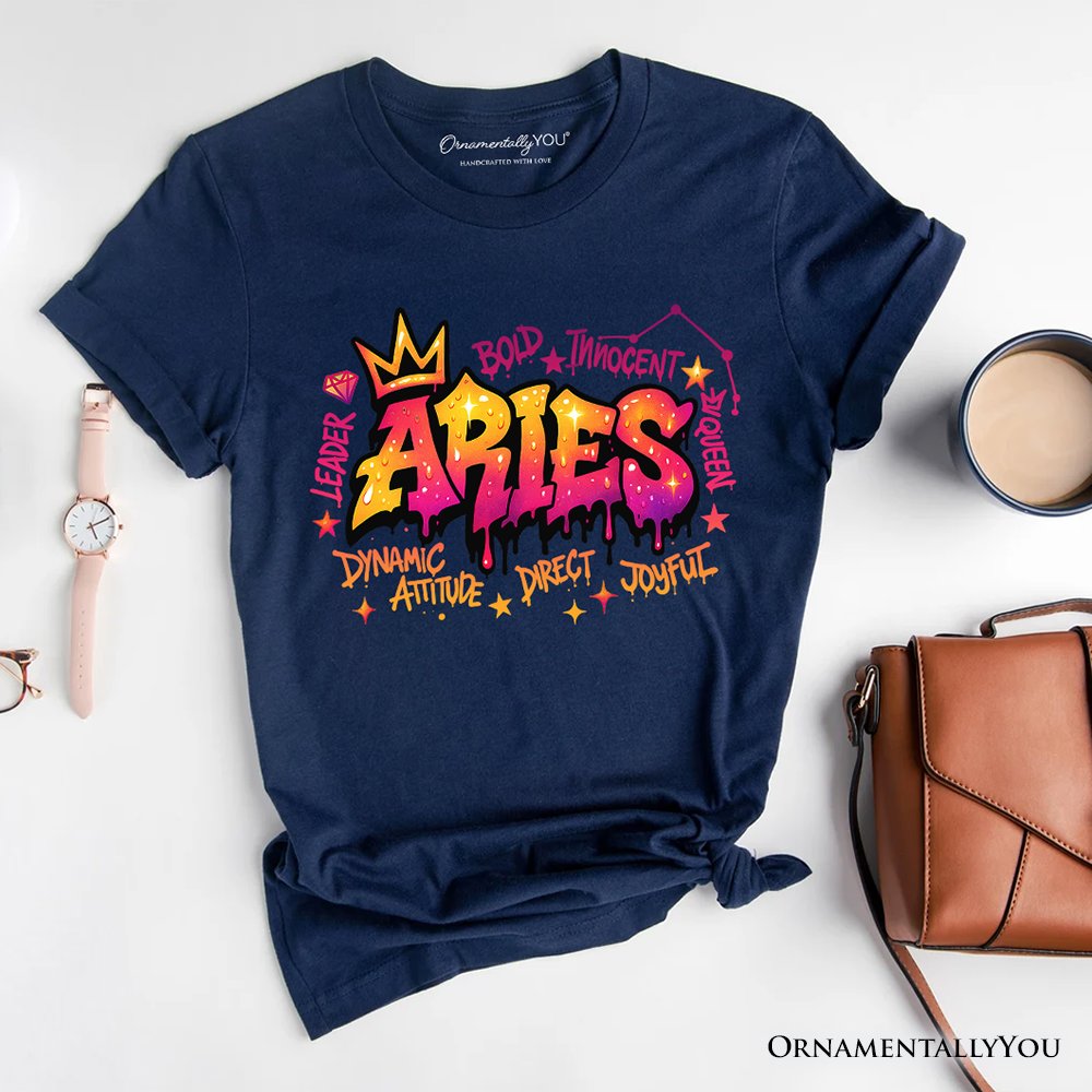 Aries Graffiti Zodiac T-Shirt, Street Style Astrology Horoscope Tee T-Shirts OrnamentallyYou Navy XS 