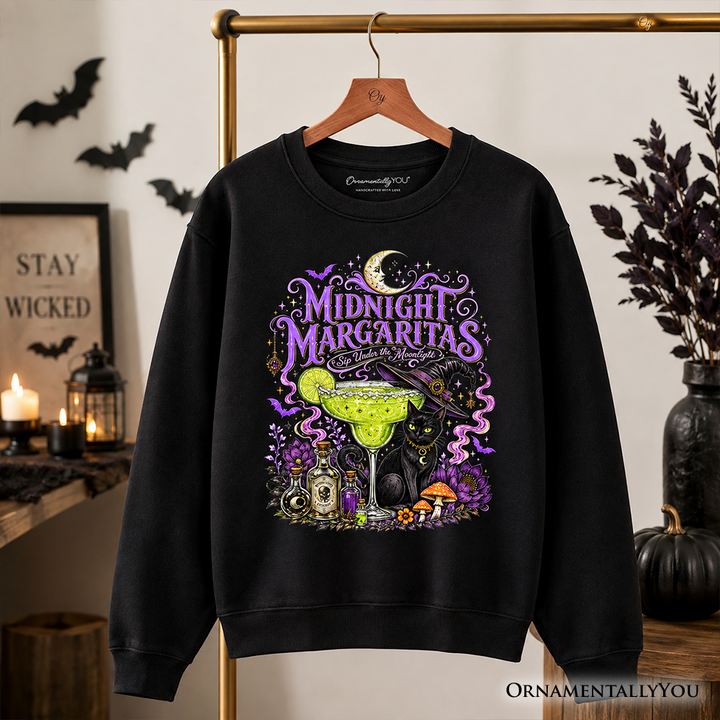 Midnight Margaritas Black Cat Halloween Sweatshirt, Witchy Cocktail Sweater for Spooky Season