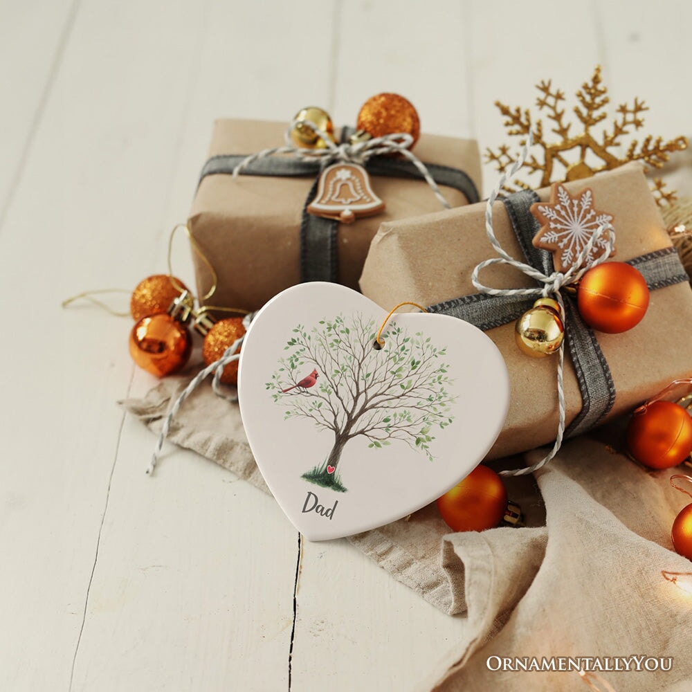 In Loving Memory of Mom and Dad Cardinal on a Tree Ornament, Heavenly Christmas Remembrance Gift Ceramic Ornament OrnamentallyYou Heart Dad Version 