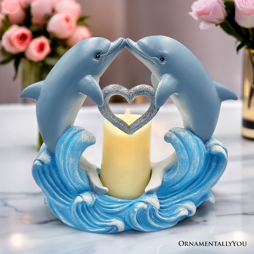 Tides of Affection Dolphin Figurine and Tealight Candle, 7" Romantic Tabletop Valentine or Anniversary Gift Resin Statues OrnamentallyYou 