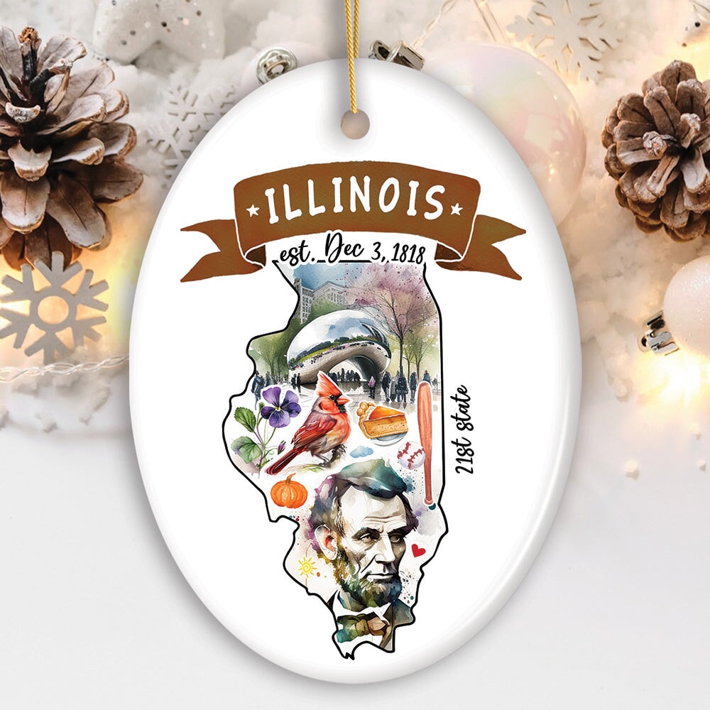 Artistic Illinois State Themes and Landmarks Christmas Ornament Ceramic Ornament OrnamentallyYou Oval 