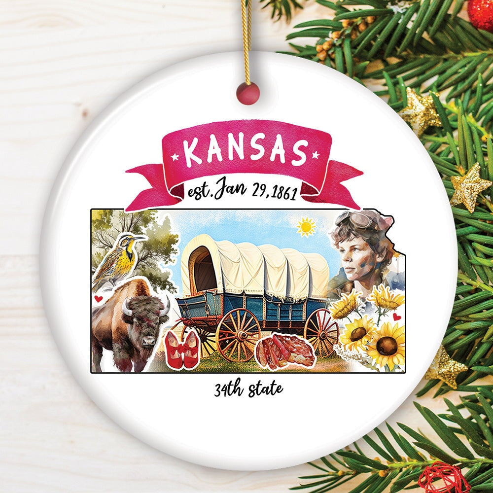 Artistic Kansas State Themes and Landmarks Christmas Ornament Ceramic Ornament OrnamentallyYou Circle 