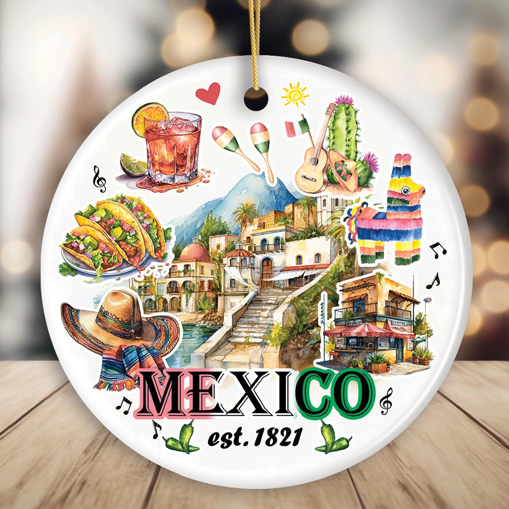 Artistic Mexico Landmarks and Natural Wonders Ornament, Mexican Cultural Heritage Christmas Gift Ceramic Ornament OrnamentallyYou Circle Version 1 