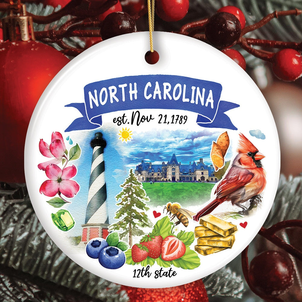 Artistic North Carolina State Themes and Landmarks Christmas Ornament Ceramic Ornament OrnamentallyYou Circle 