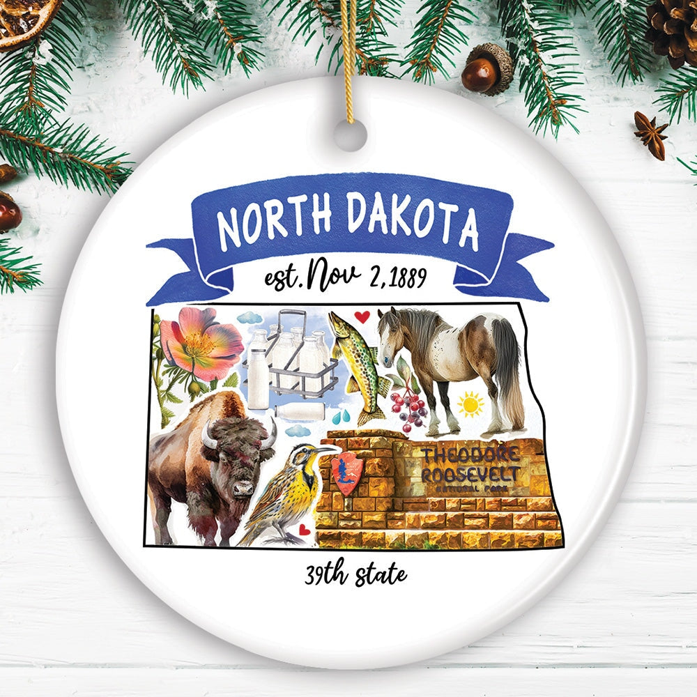 Artistic North Dakota State Themes and Landmarks Christmas Ornament Ceramic Ornament OrnamentallyYou Circle 