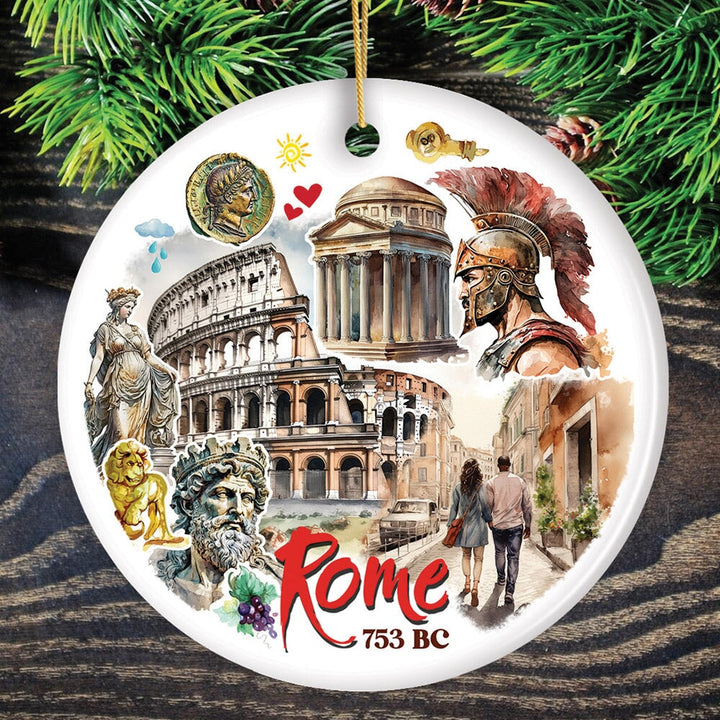 Artistic Rome Landmark Collage Ornament, Italy Christmas Gift with Roman Colosseum and Statues Ceramic Ornament OrnamentallyYou Circle 