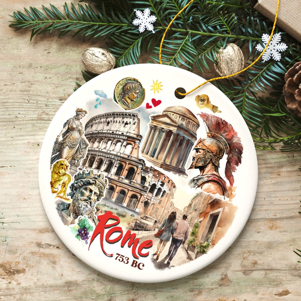 Artistic Rome Landmark Collage Ornament, Italy Christmas Gift with Roman Colosseum and Statues Ceramic Ornament OrnamentallyYou 