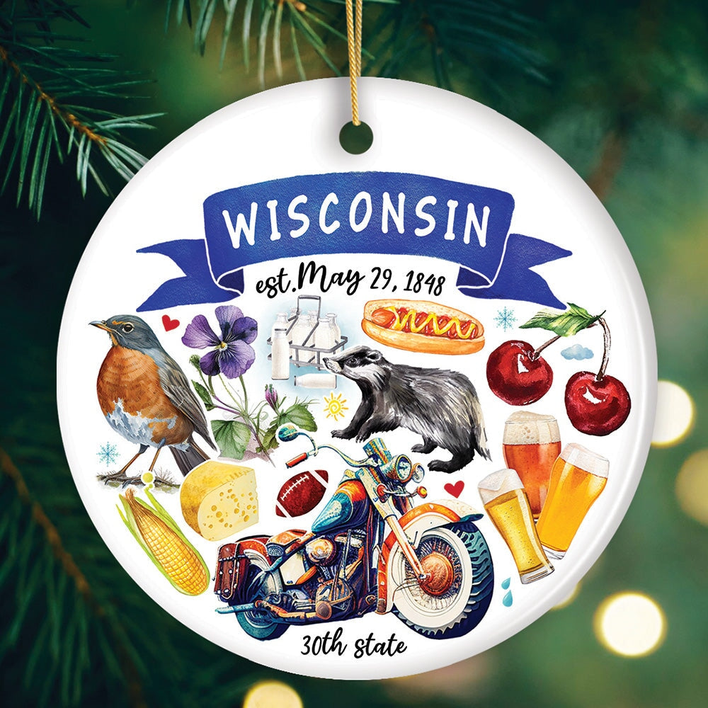 Artistic Wisconsin State Themes and Landmarks Christmas Ornament Ceramic Ornament OrnamentallyYou Circle 
