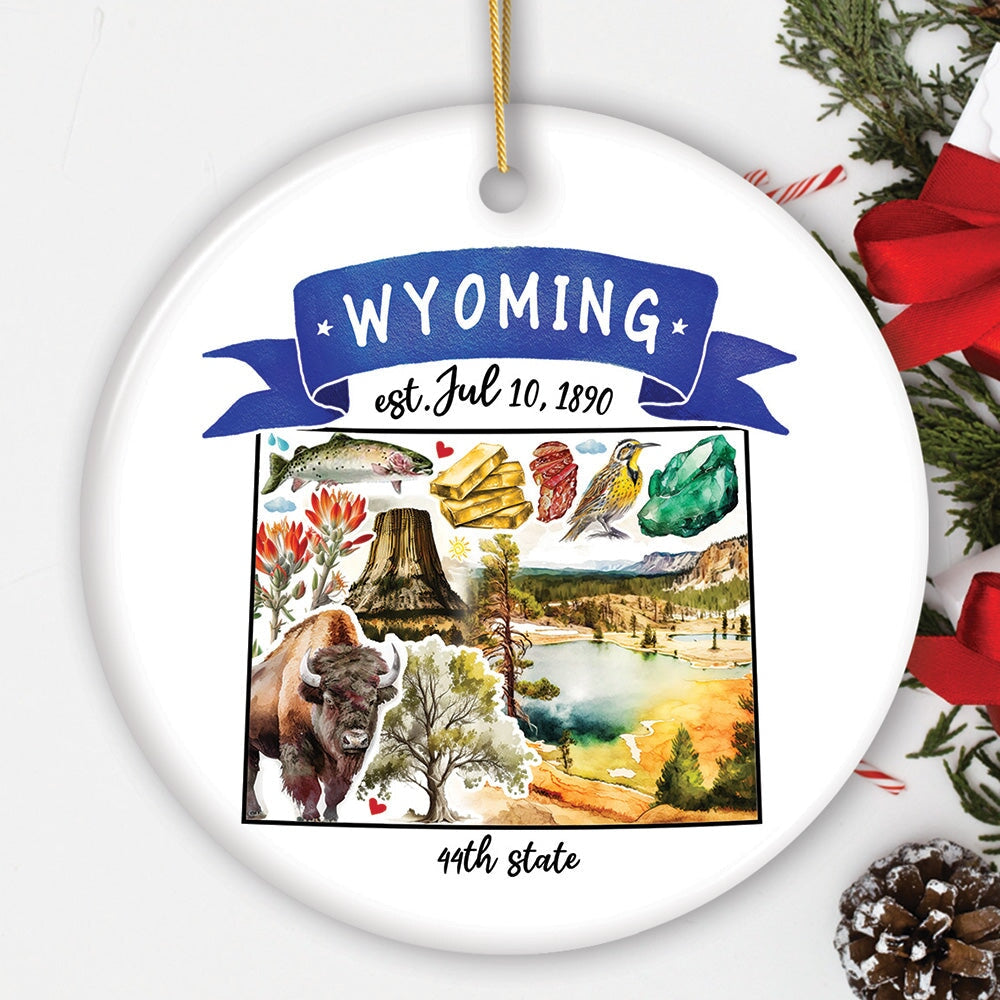 Artistic Wyoming State Themes and Landmarks Christmas Ornament Ceramic Ornament OrnamentallyYou Circle 