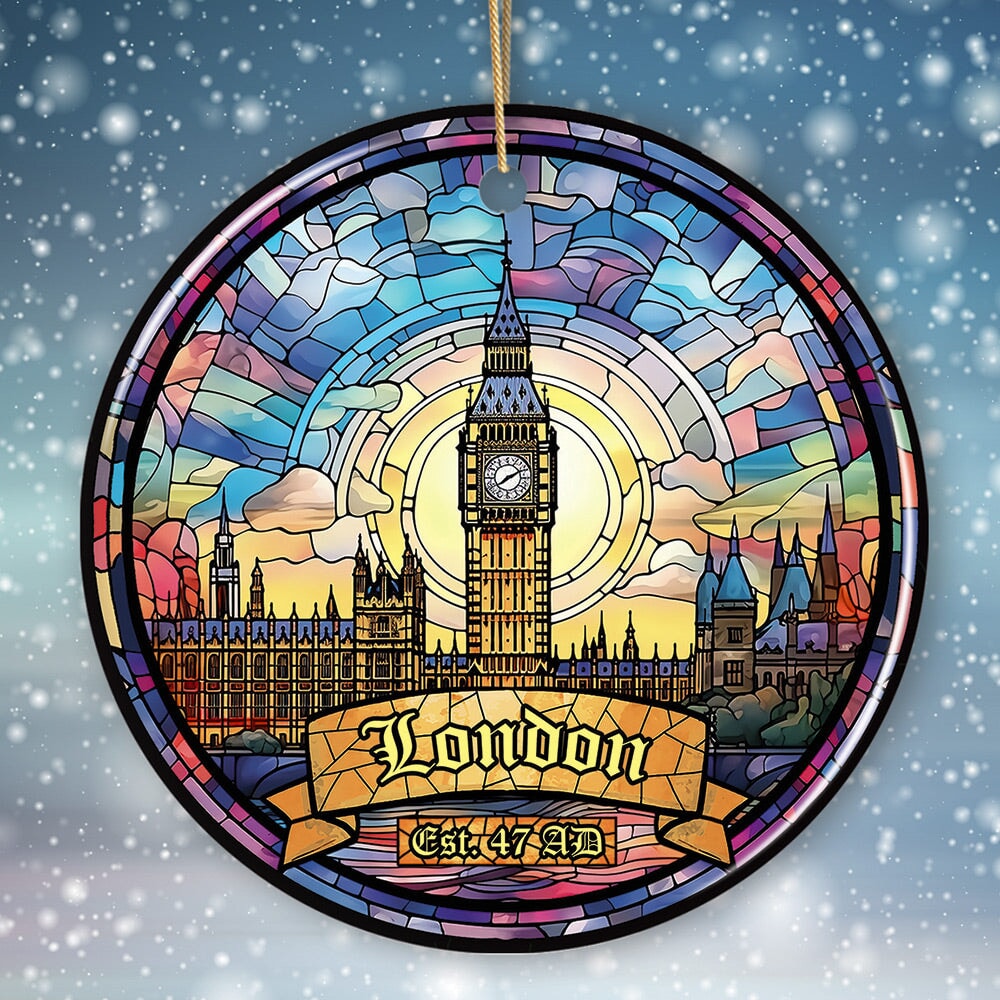 Big Ben, London Scenery in Colorful Stained Glass Style for Souvenir Christmas Ornament Ceramic Ornament OrnamentallyYou Circle 