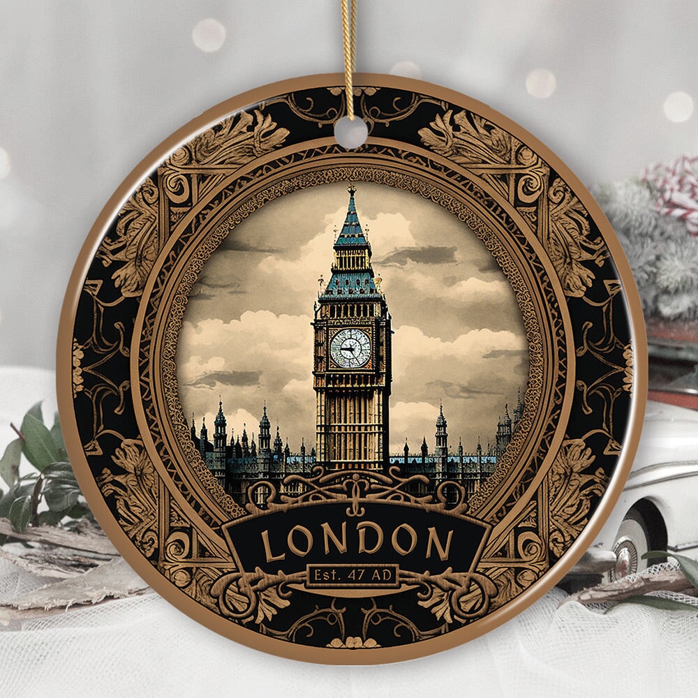 Big Ben, London in Vintage Victorian Frame for Souvenir Christmas Ornament Ceramic Ornament OrnamentallyYou Circle 