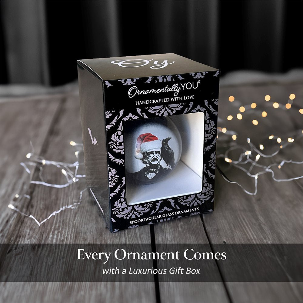 (Pre-Order) Edgar Allan Poe Spooky Christmas Portrait Glass Ornament, Black Horror Halloween Tree Decoration Round Glass Ball Ornament OrnamentallyYou 