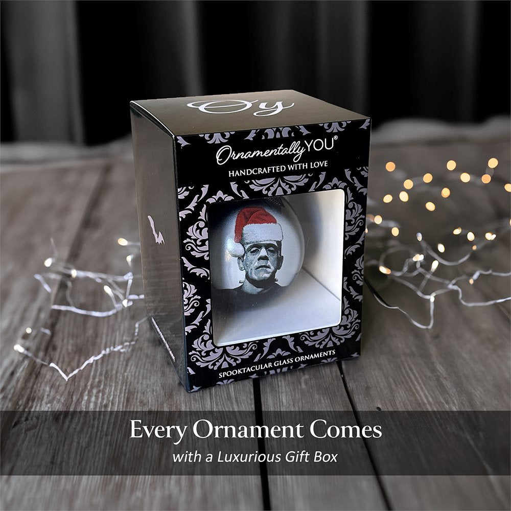 (Pre-Order) Frankenstein Christmas Spooky Portrait Glass Ornament, Black Horror Halloween Tree Decoration Round Glass Ball Ornament OrnamentallyYou 