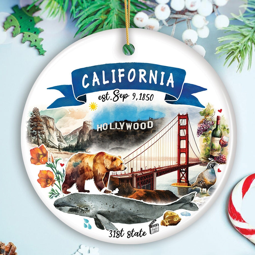 Artistic California State Themes and Landmarks Christmas Ornament Ceramic Ornament OrnamentallyYou Circle 