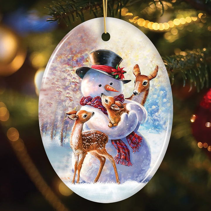 Charming Delicate Snowman and Fawns Christmas Ornament, Winter Deer Love Scene Ceramic Ornament OrnamentallyYou Oval 