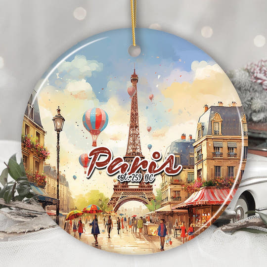 Eiffel Tower, Paris Festivity in Watercolor Painting for Souvenir Christmas Ornament Ceramic Ornament OrnamentallyYou Circle 