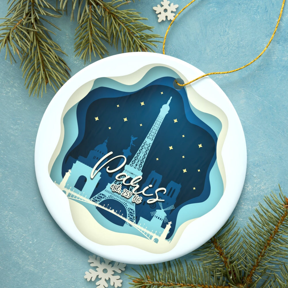 Eiffel Tower, Paris at Night Scene in 3D Paper Art Gift Christmas Ornament Ceramic Ornament OrnamentallyYou 