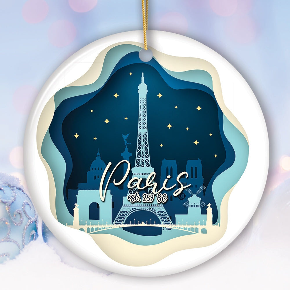 Eiffel Tower, Paris at Night Scene in 3D Paper Art Gift Christmas Ornament Ceramic Ornament OrnamentallyYou Circle 